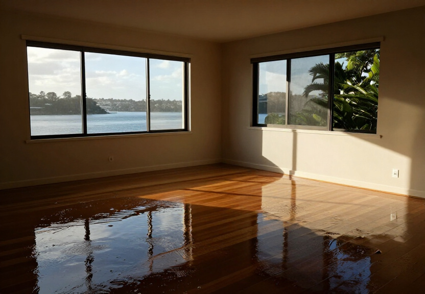 Flooded living room in South Coogee before restoration